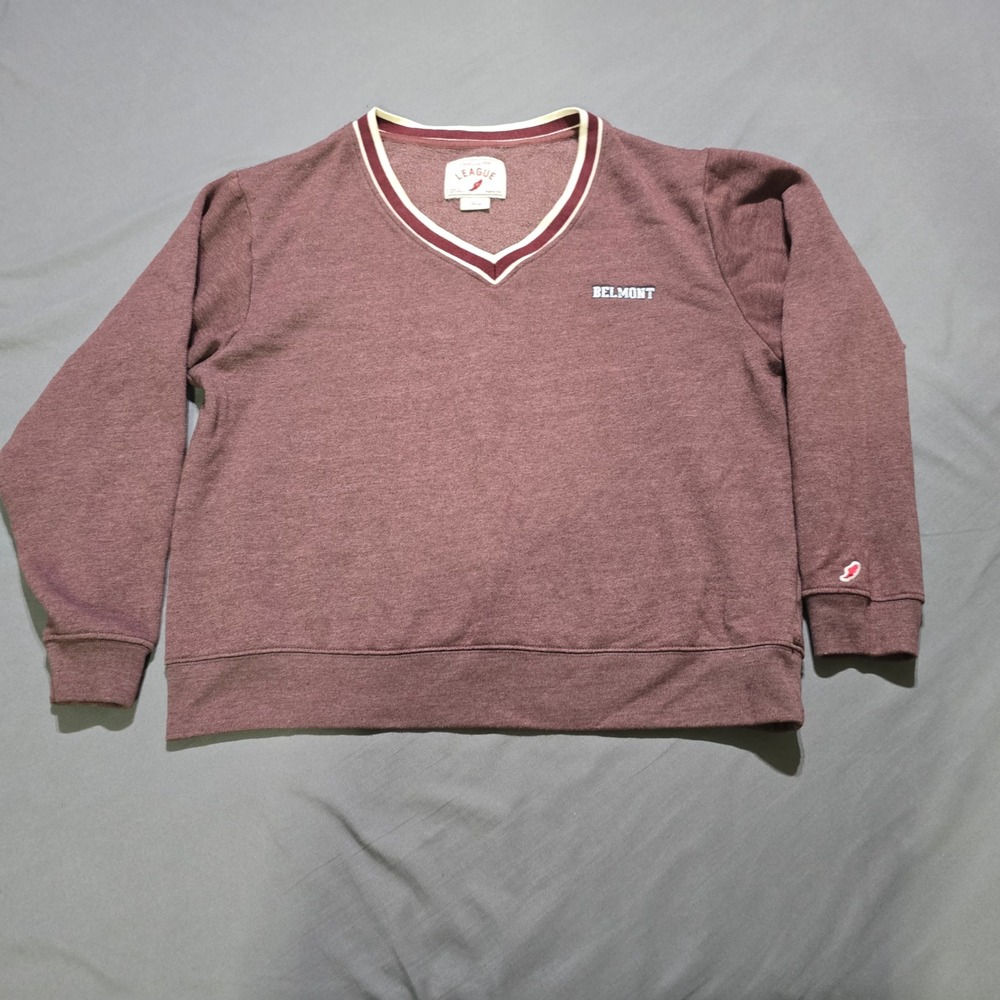 League Sweatshirt Mens Large Burgundy Belmont V-Neck Varsity Fleece Pullover